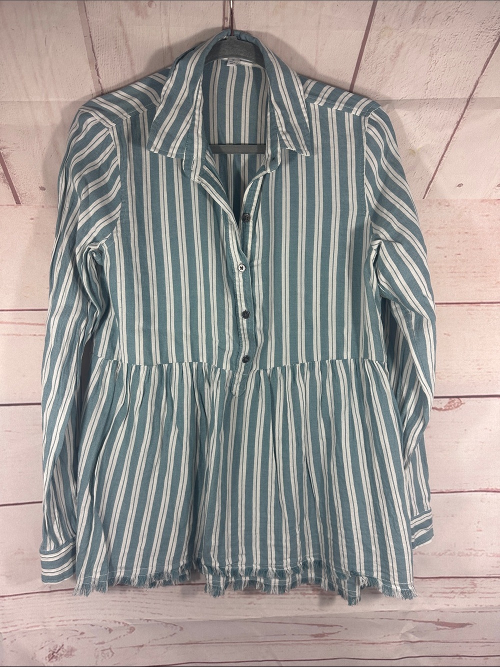 True Craft Striped Long-Sleeve Peplum Button-Up Top in Teal and White